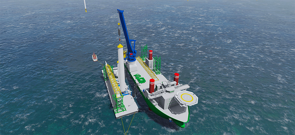 Een CGI-foto van een schip dat naast een boorplatform op zee.