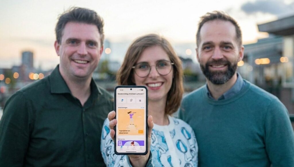 3 people outside, the person in the middle holds a smartphone with and is showing an app